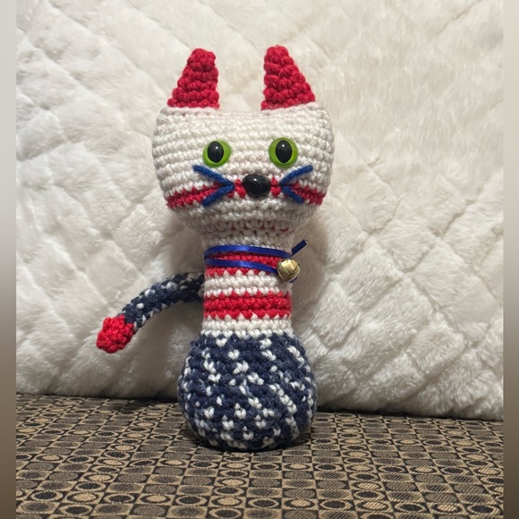 Hand Crafted Other - Hand Crafted Red and Blue Striped Cat Plush